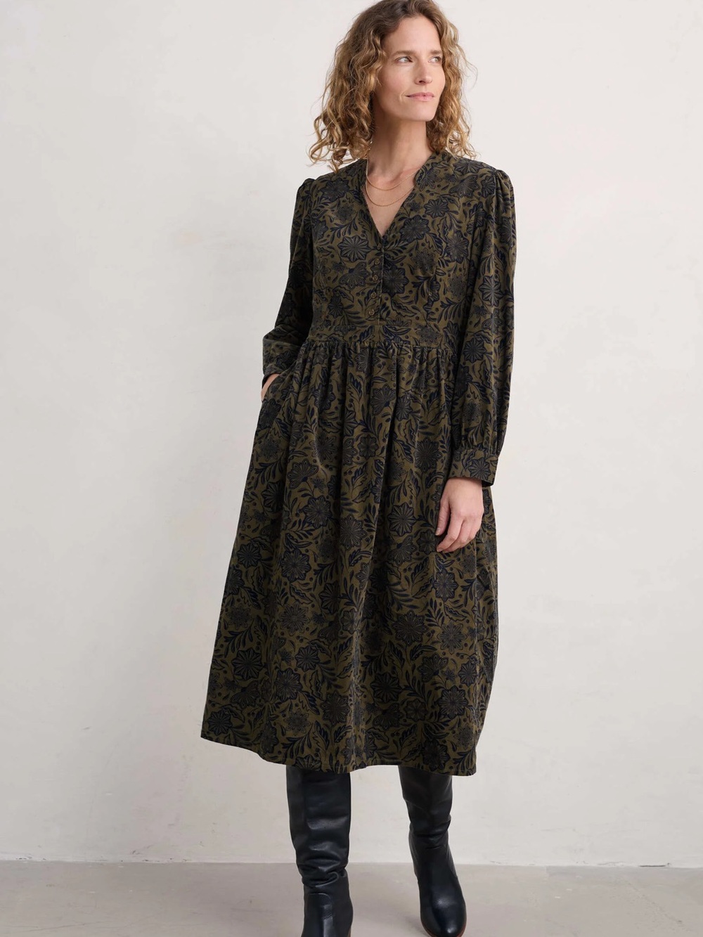 Seasalt Cornwall Organic Cotton Rose Cottage Corduroy Midi Tea Dress Olive Green